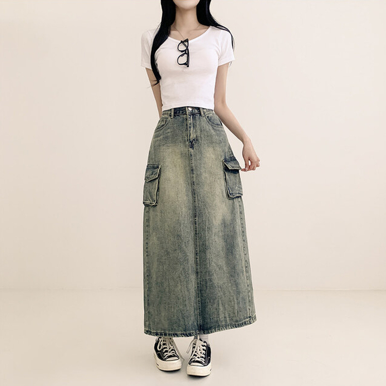 ウォッシングカーゴデニムスリットスカート DARK DENIM