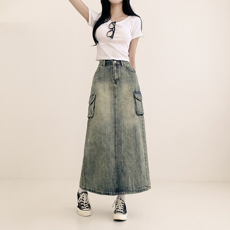 ウォッシングカーゴデニムスリットスカート DARK DENIM