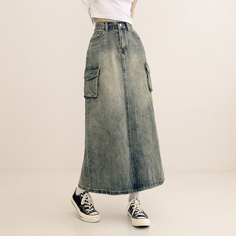 ウォッシングカーゴデニムスリットスカート DARK DENIM