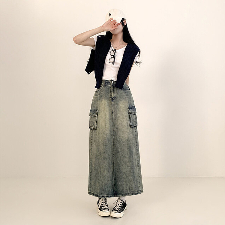 ウォッシングカーゴデニムスリットスカート DARK DENIM