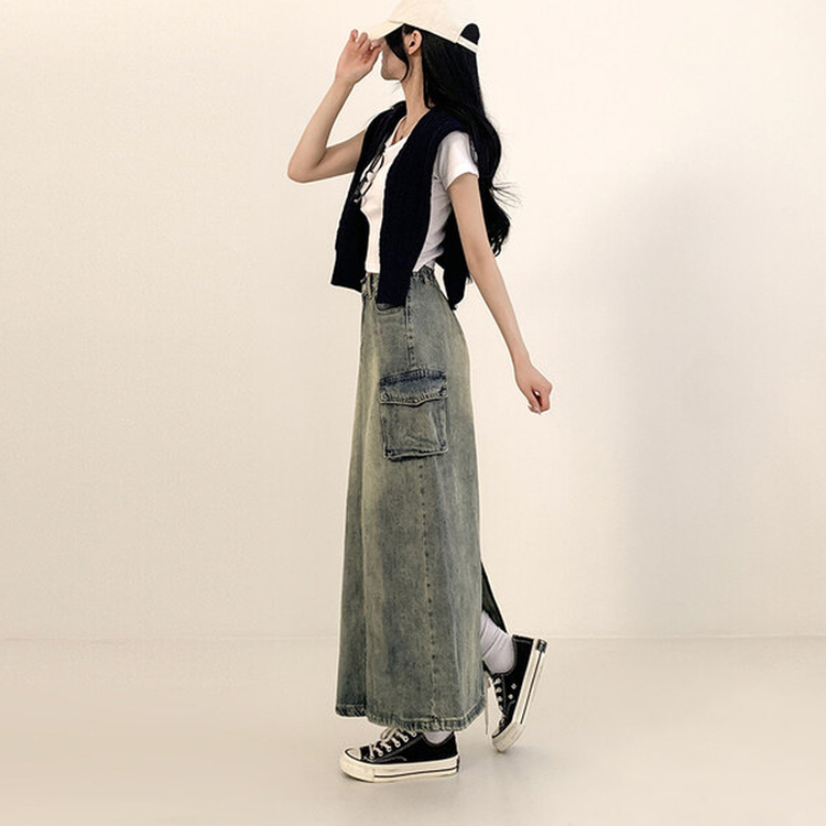 ウォッシングカーゴデニムスリットスカート DARK DENIM