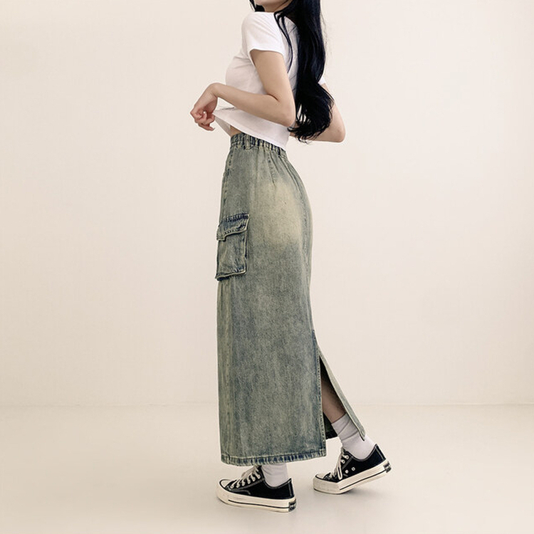 ウォッシングカーゴデニムスリットスカート DARK DENIM