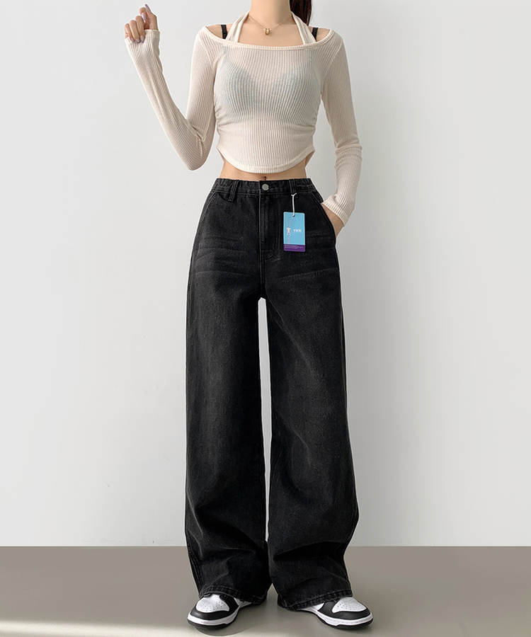 【丈別】カットラインワイドデニムパンツ BLACK