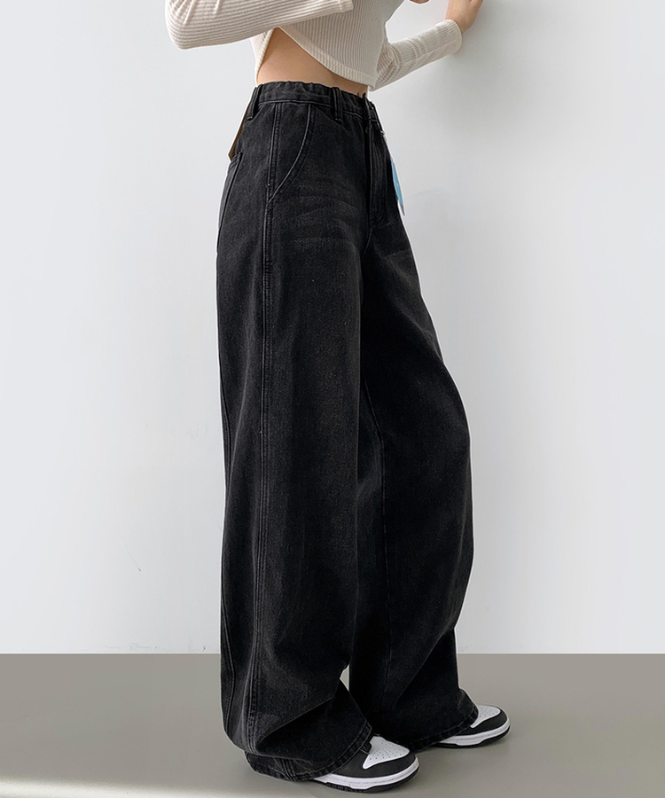 【丈別】カットラインワイドデニムパンツ BLACK