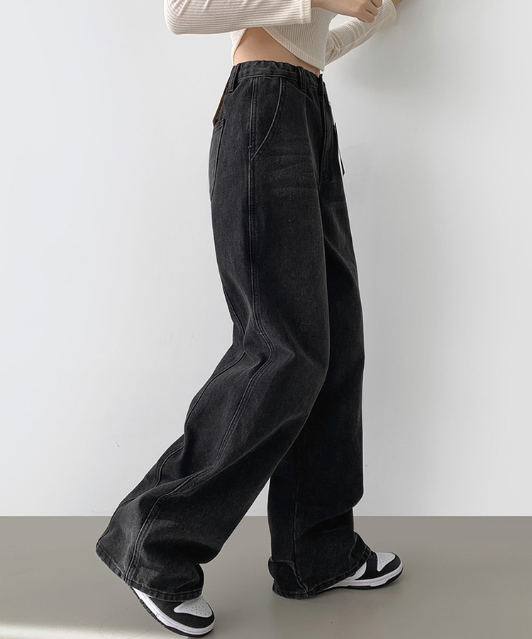 【丈別】カットラインワイドデニムパンツ BLACK
