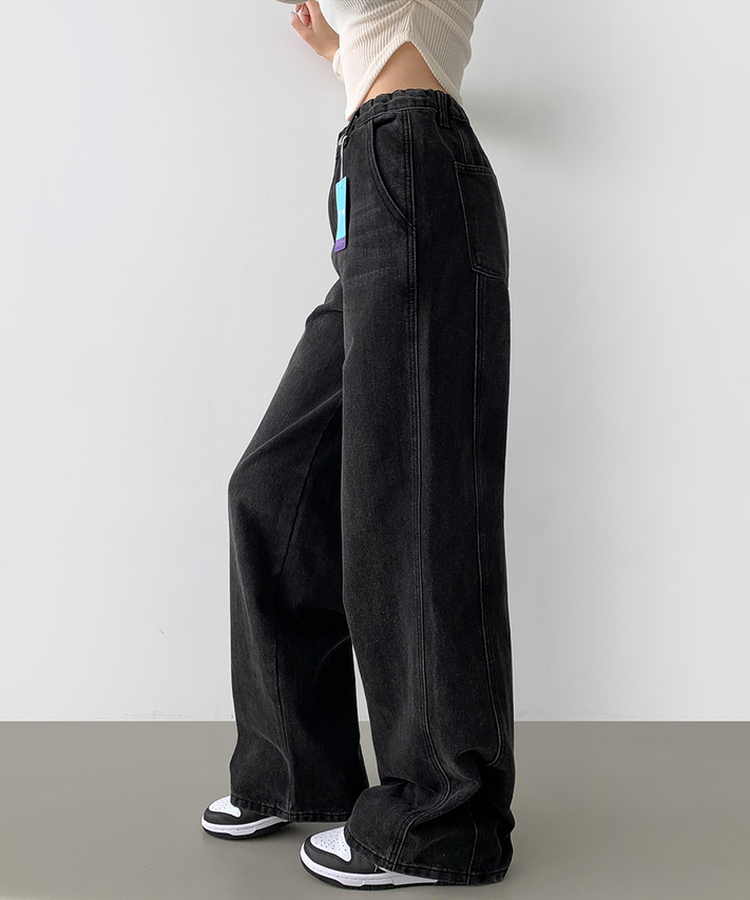 【丈別】カットラインワイドデニムパンツ BLACK