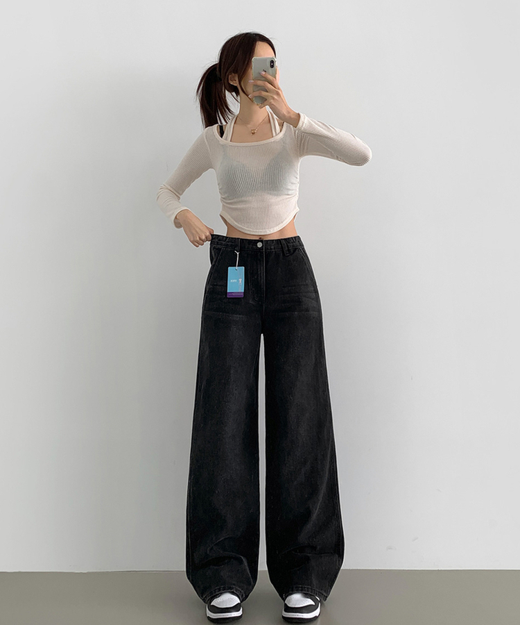 【丈別】カットラインワイドデニムパンツ BLACK