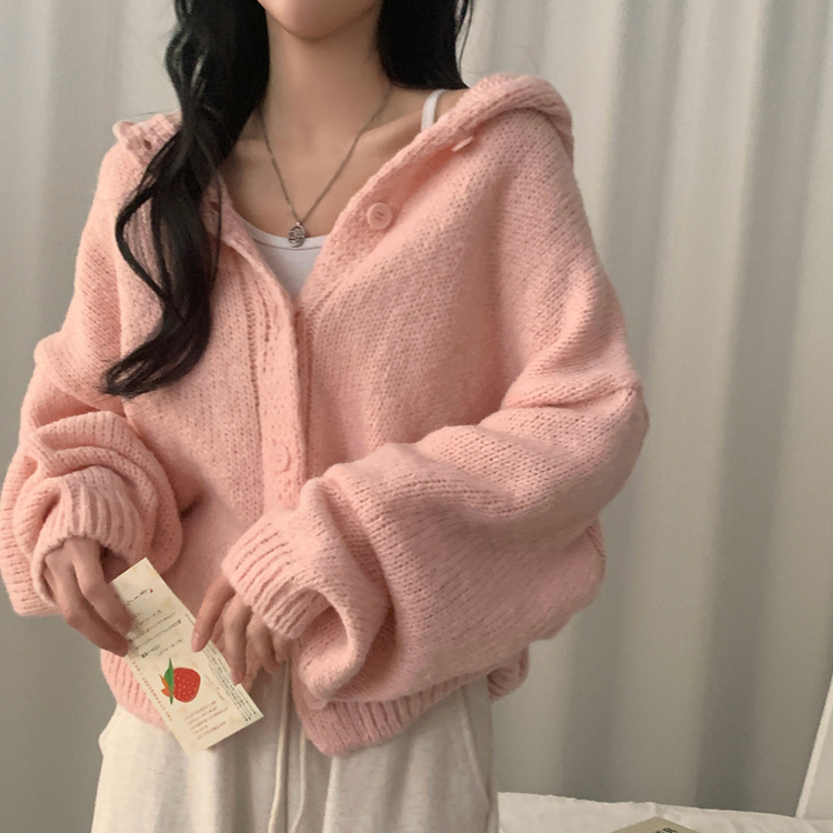 オーバーフィットフードニットカーディガン(5color) PINK