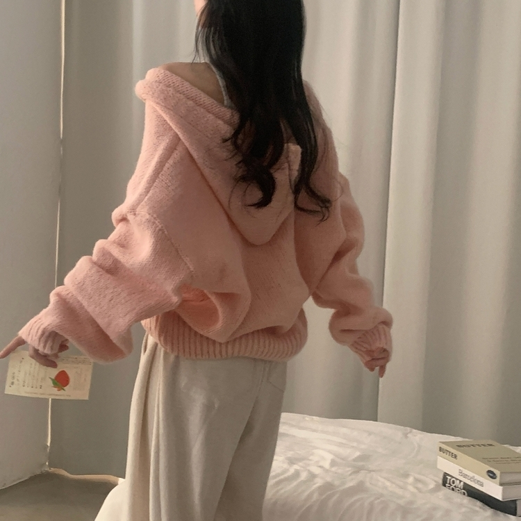 オーバーフィットフードニットカーディガン(5color) PINK