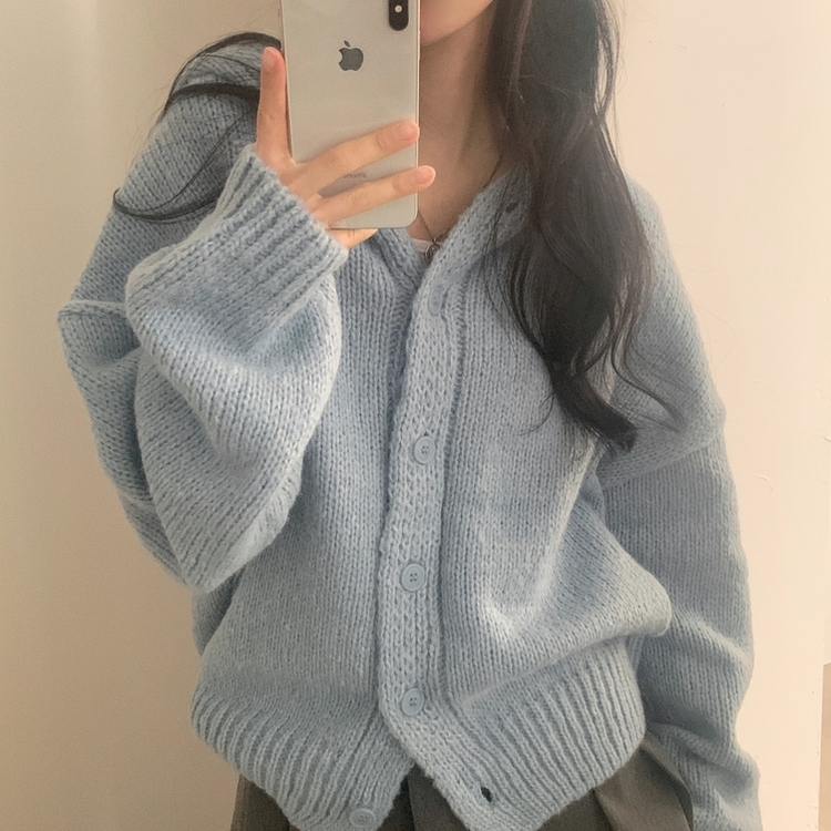 オーバーフィットフードニットカーディガン(5color) SKY BLUE