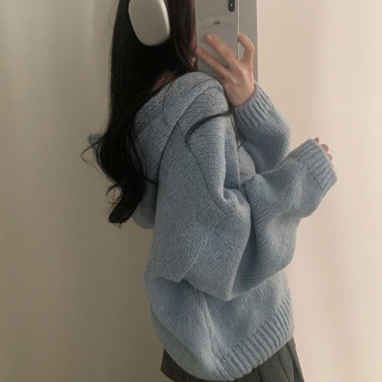 オーバーフィットフードニットカーディガン(5color) SKY BLUE