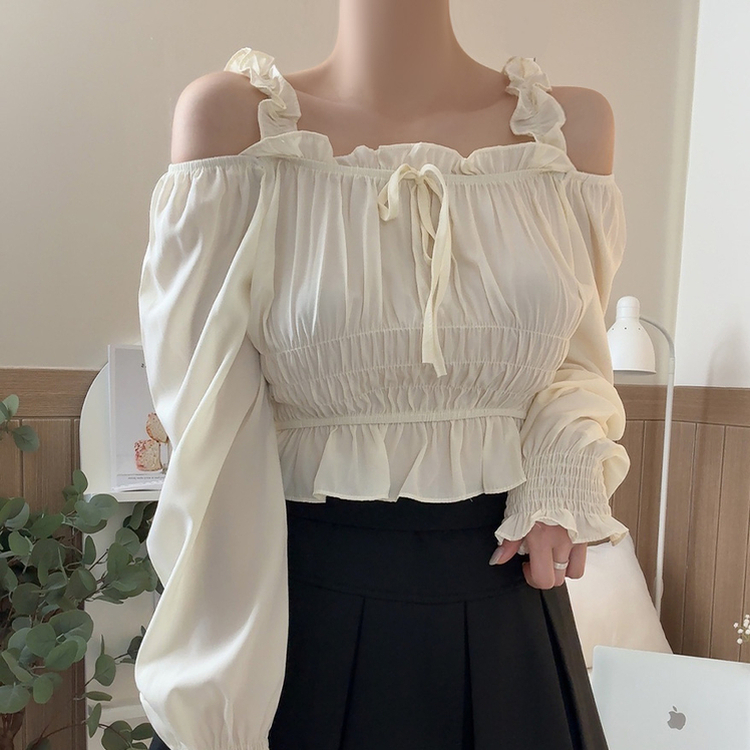 リボンシャーリングレースオフショルダーブラウス CREAM