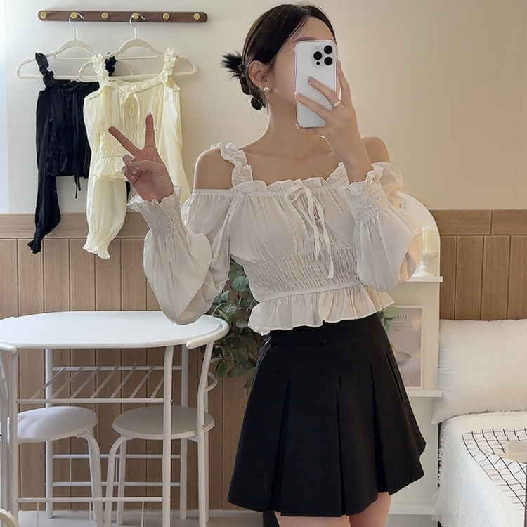 リボンシャーリングレースオフショルダーブラウス WHITE