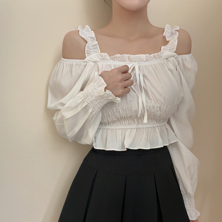 リボンシャーリングレースオフショルダーブラウス WHITE