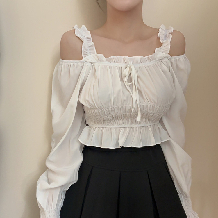 リボンシャーリングレースオフショルダーブラウス WHITE