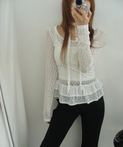 長袖Tシャツ 【タイ付き】シースルーレースフラワーTシャツ WHITE