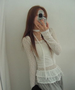 長袖Tシャツ 【タイ付き】シースルーレースフラワーTシャツ WHITE
