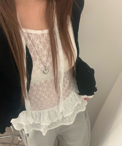 長袖Tシャツ 【タイ付き】シースルーレースフラワーTシャツ WHITE