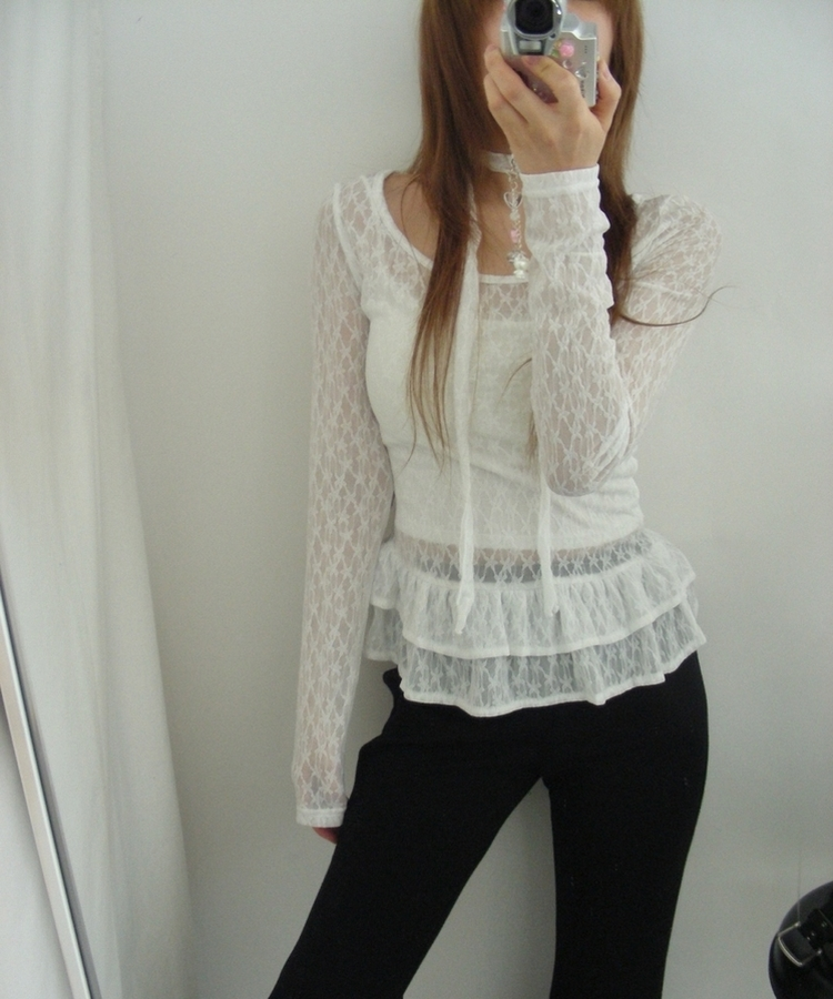 【タイ付き】シースルーレースフラワーTシャツ WHITE