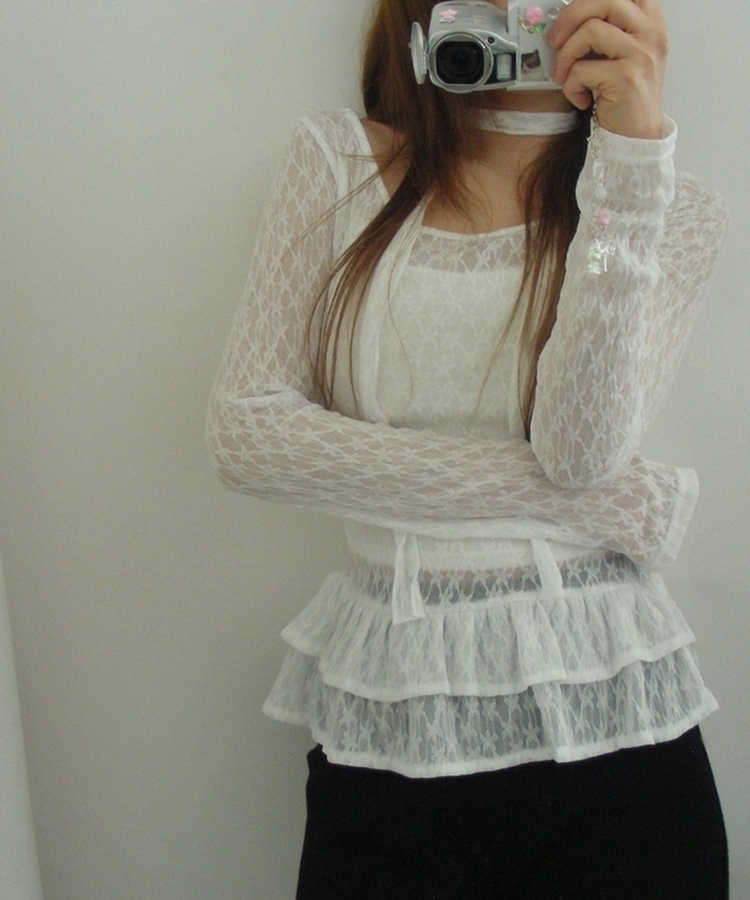 【タイ付き】シースルーレースフラワーTシャツ WHITE