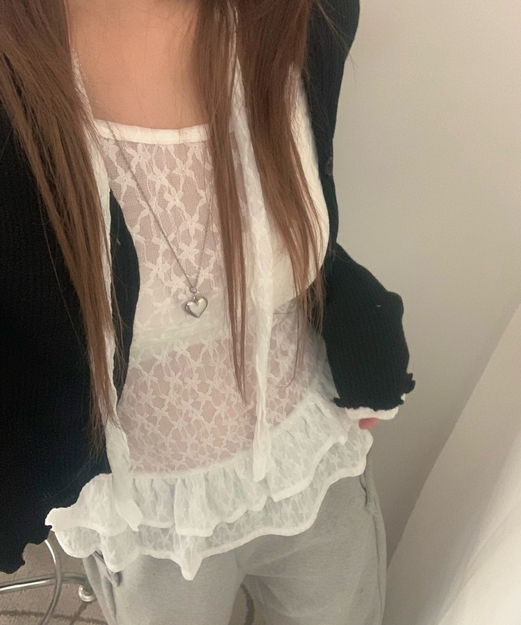 【タイ付き】シースルーレースフラワーTシャツ WHITE