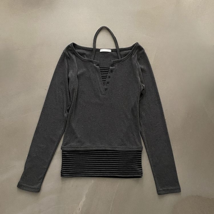 ストライプバイカラーホルターレイヤード長袖Tシャツ