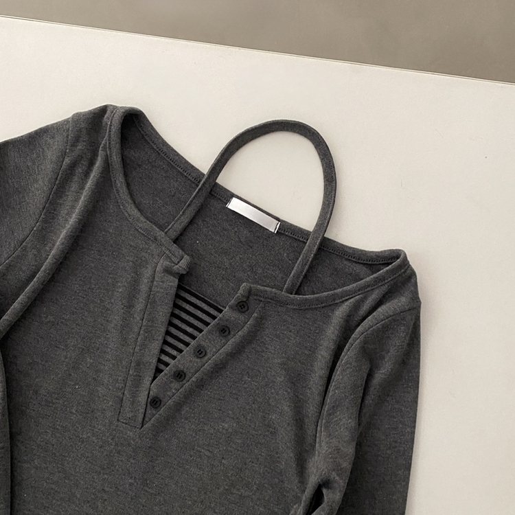 투톤 스트라이프 배색 홀터 레이어드 긴팔티셔츠 2color