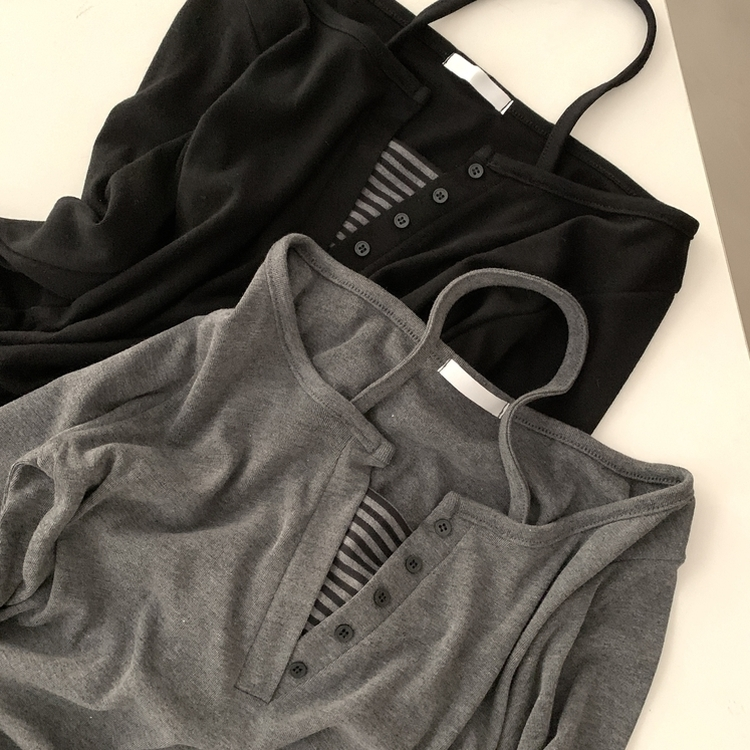 투톤 스트라이프 배색 홀터 레이어드 긴팔티셔츠 2color