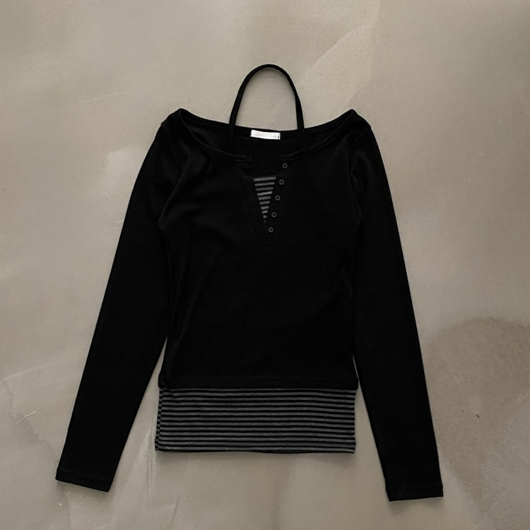 투톤 스트라이프 배색 홀터 레이어드 긴팔티셔츠 2color