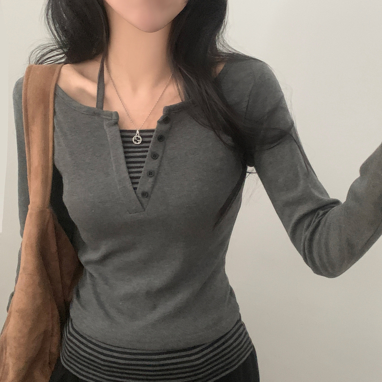 투톤 스트라이프 배색 홀터 레이어드 긴팔티셔츠 2color 그레이