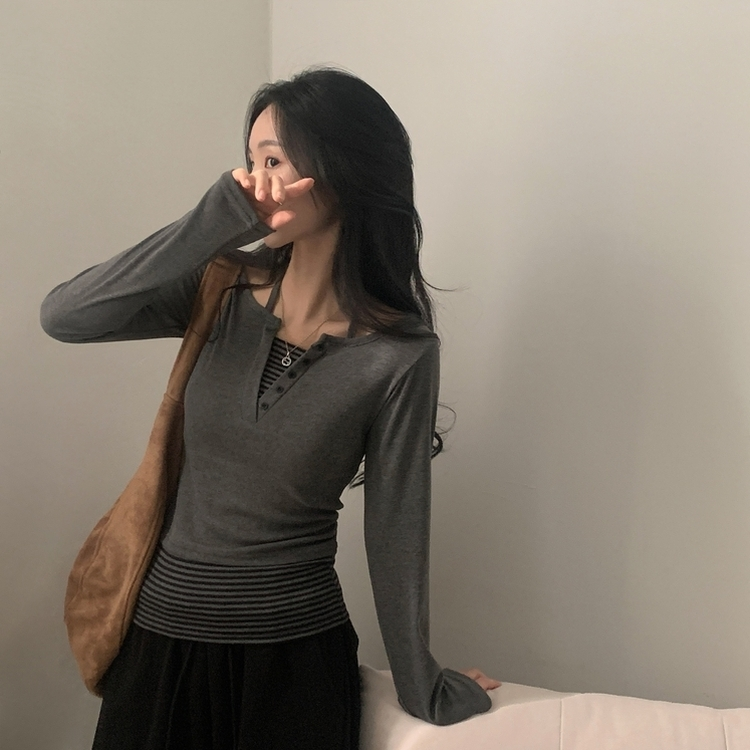 투톤 스트라이프 배색 홀터 레이어드 긴팔티셔츠 2color 그레이
