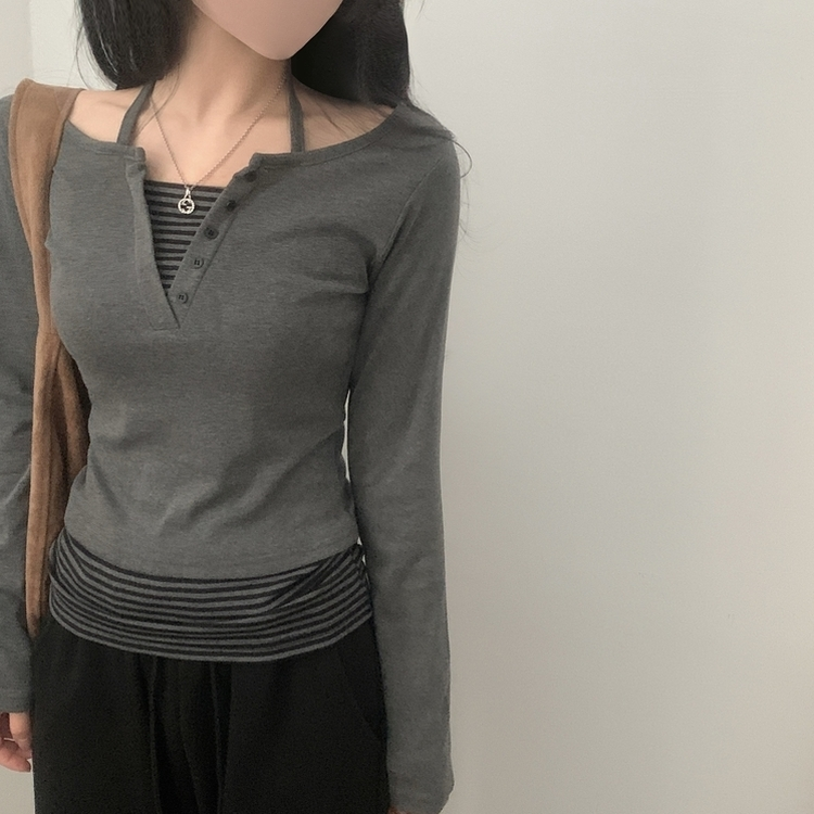 투톤 스트라이프 배색 홀터 레이어드 긴팔티셔츠 2color 그레이