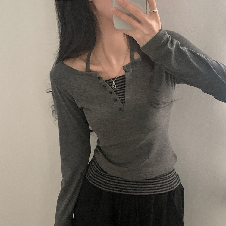 투톤 스트라이프 배색 홀터 레이어드 긴팔티셔츠 2color 그레이
