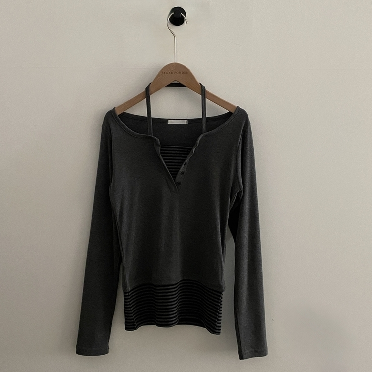 투톤 스트라이프 배색 홀터 레이어드 긴팔티셔츠 2color