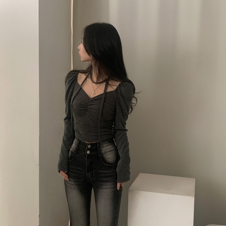 【タイ付き】ハートネックシャーリング長袖Tシャツ CHARCOAL