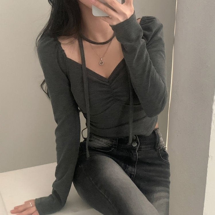 【タイ付き】ハートネックシャーリング長袖Tシャツ CHARCOAL