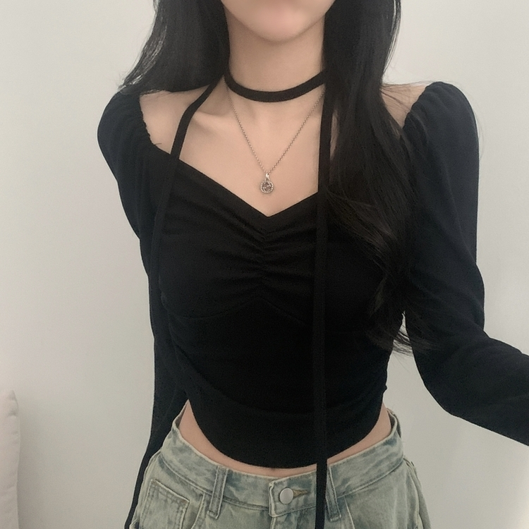 【タイ付き】ハートネックシャーリング長袖Tシャツ BLACK