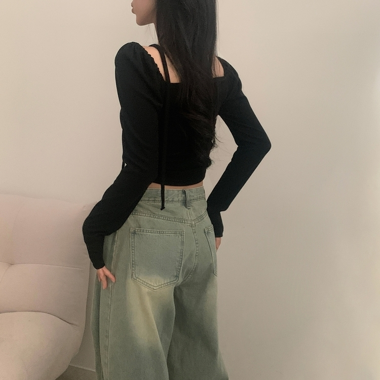 【タイ付き】ハートネックシャーリング長袖Tシャツ BLACK