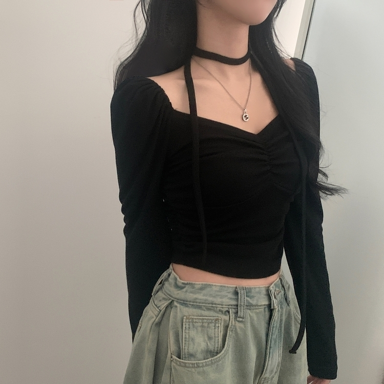 【タイ付き】ハートネックシャーリング長袖Tシャツ BLACK