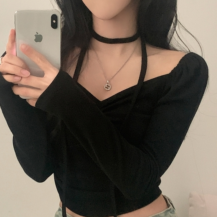 【タイ付き】ハートネックシャーリング長袖Tシャツ BLACK