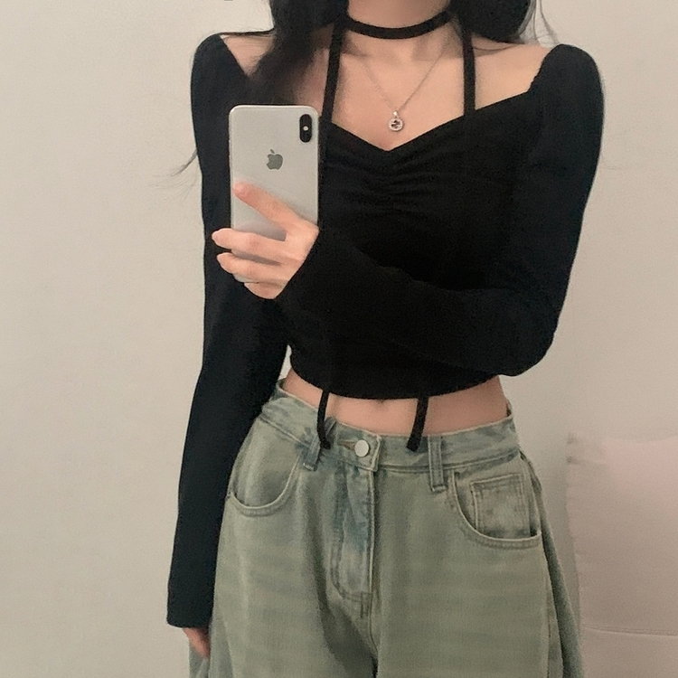 【タイ付き】ハートネックシャーリング長袖Tシャツ BLACK
