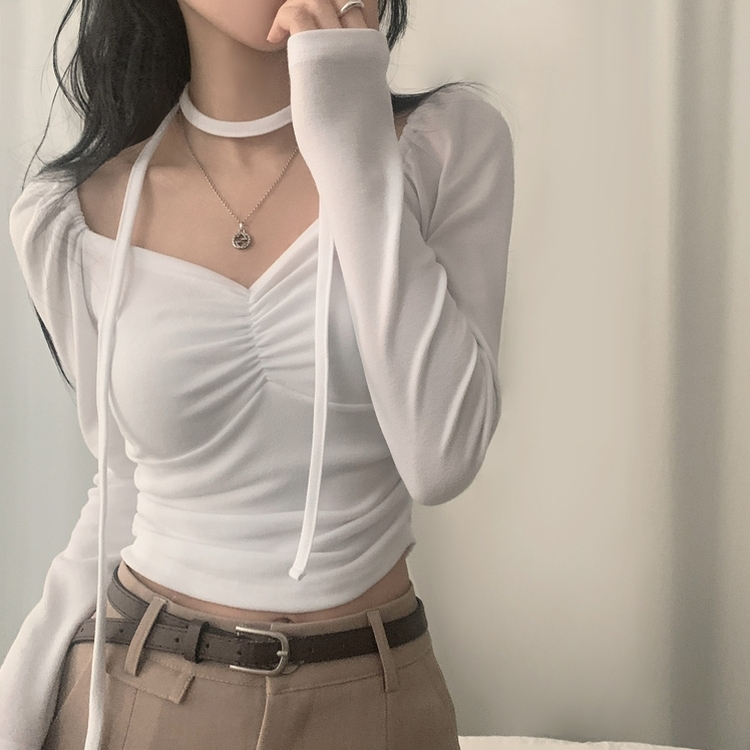 【タイ付き】ハートネックシャーリング長袖Tシャツ IVORY