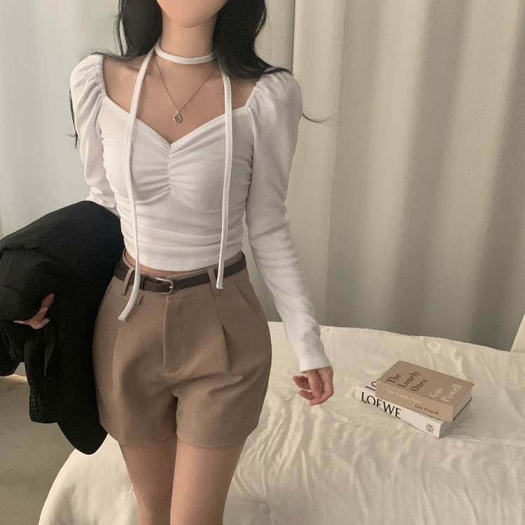 【タイ付き】ハートネックシャーリング長袖Tシャツ IVORY