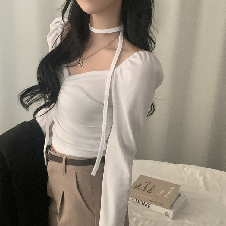 【タイ付き】ハートネックシャーリング長袖Tシャツ IVORY