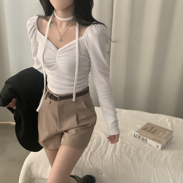 【タイ付き】ハートネックシャーリング長袖Tシャツ IVORY