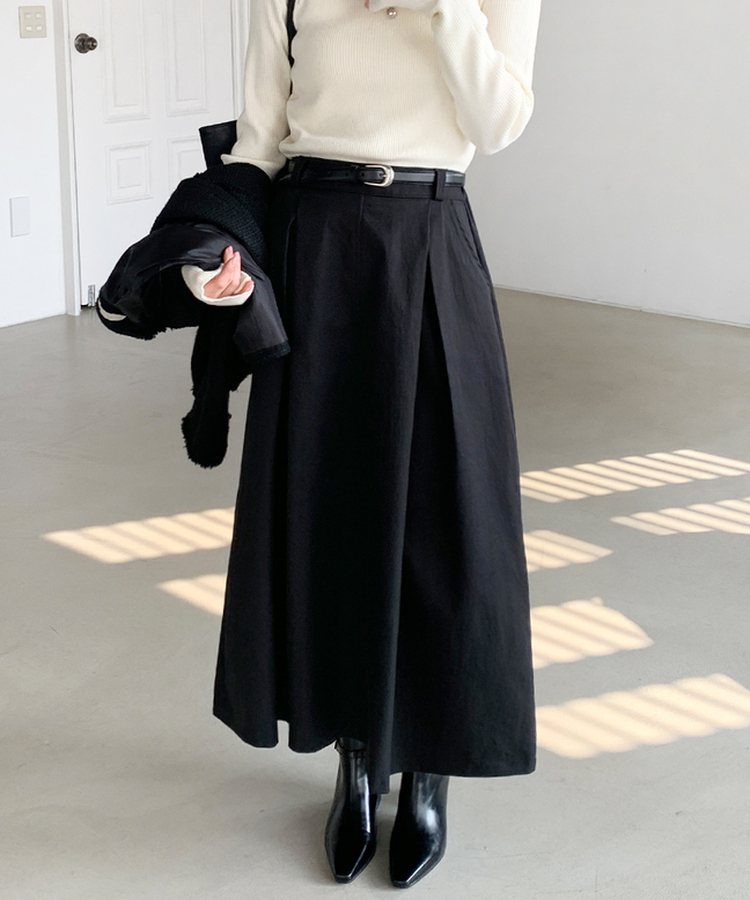 ベルトプリーツロングスカート BLACK