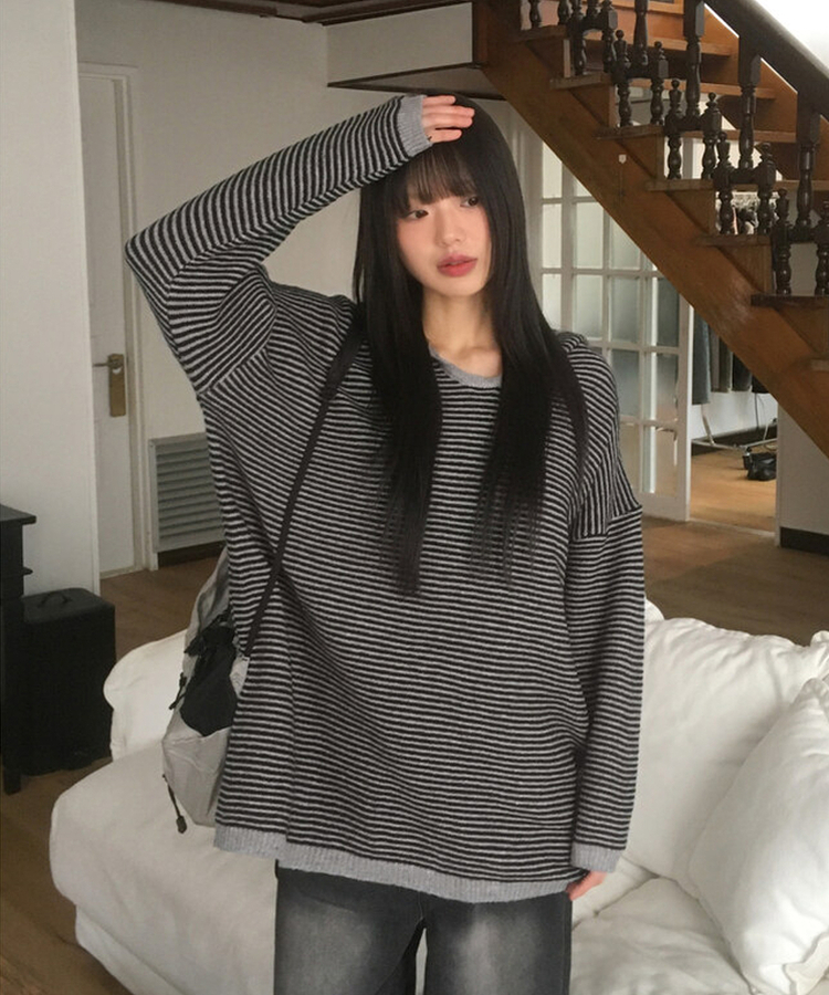 ストライプオーバーフィットフードニット STRIPE