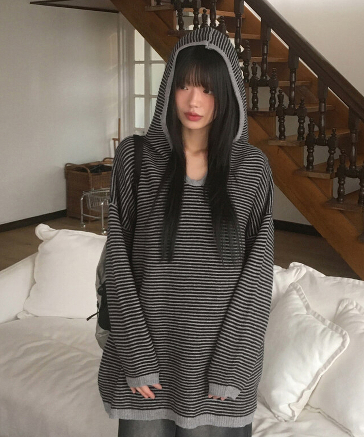 ストライプオーバーフィットフードニット STRIPE