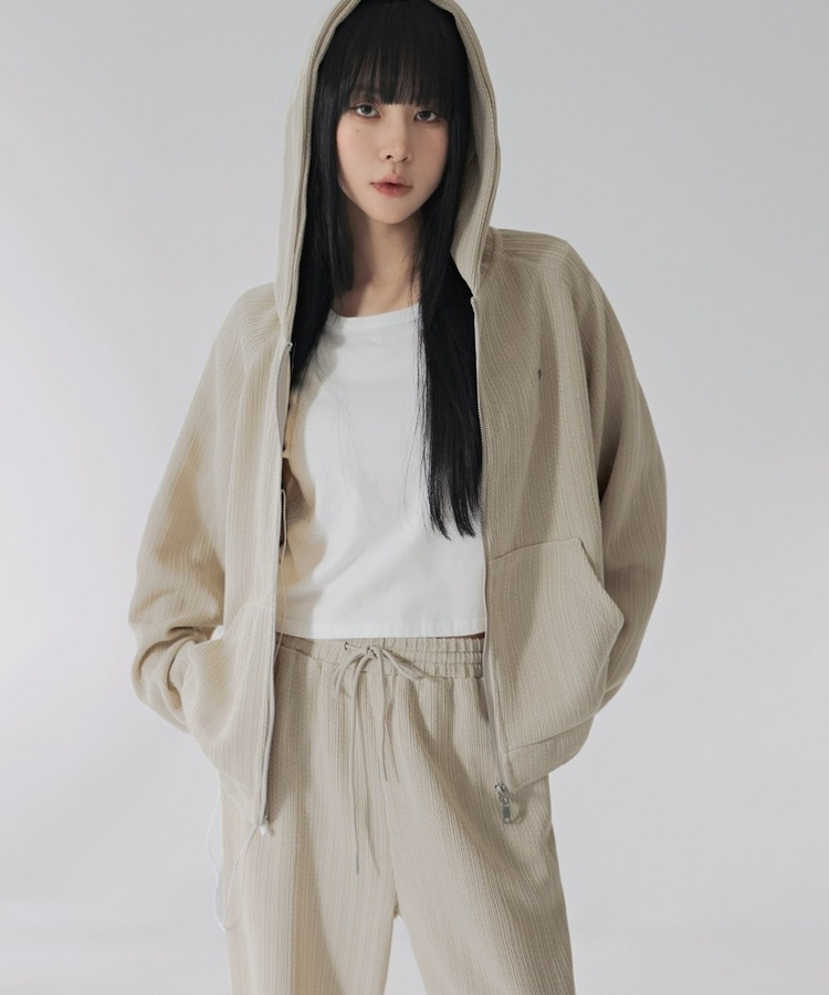 【SET】ラグランフードジップアップ バンディングワイドパンツ BEIGE