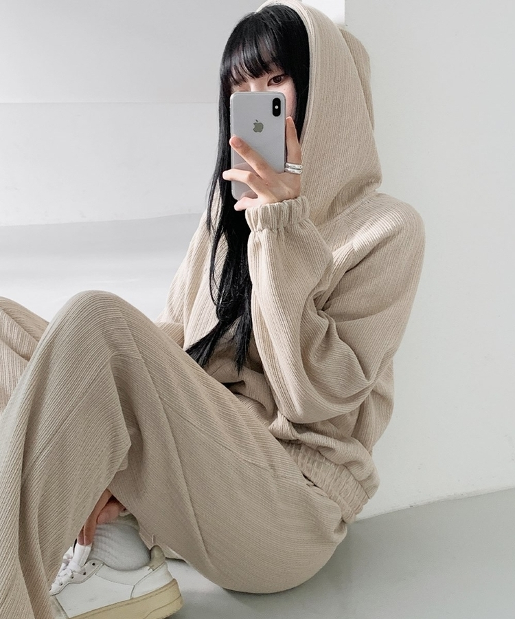 【SET】ラグランフードジップアップ バンディングワイドパンツ BEIGE